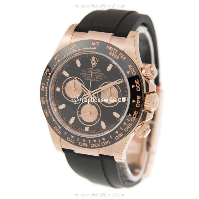 Rolex Daytona Replica - 18kt Rose Gold - Automatic - Black Dial - Rubber Strap - View 3