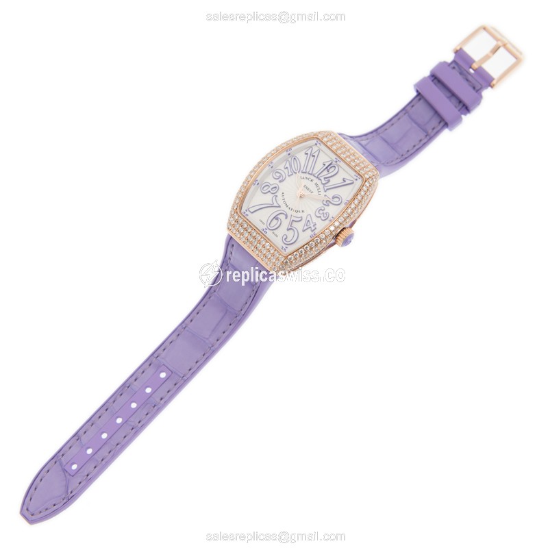Franck Muller V 32 SC AT FO D 5N.VL Replica - Automatic - 18kt Rose Gold Case - White Dial on Purple Alligator Strap - View 2