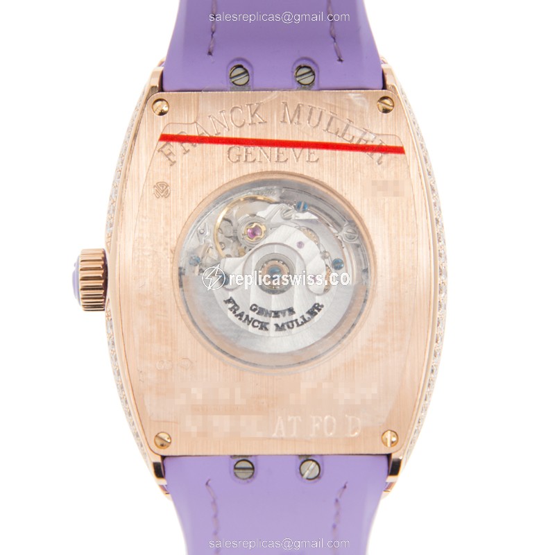 Franck Muller V 32 SC AT FO D 5N.VL Replica - Automatic - 18kt Rose Gold Case - White Dial on Purple Alligator Strap - View 3