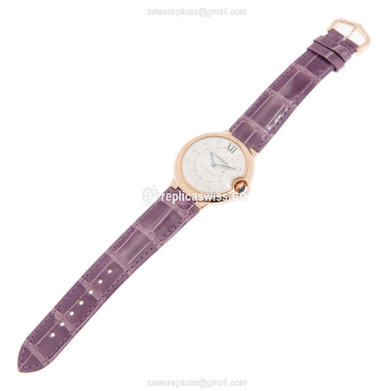 Cartier Ballon Bleu Replica - Automatic - 18kt Rose Gold - White Dial - Alligator Purple Strap - View 2