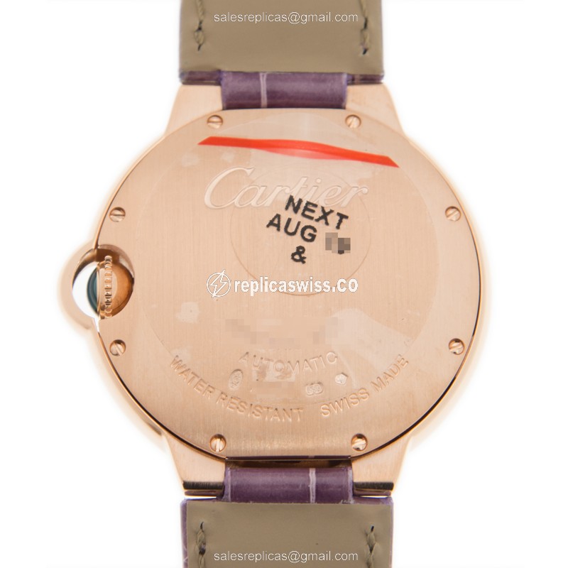 Cartier Ballon Bleu Replica - Automatic - 18kt Rose Gold - White Dial - Alligator Purple Strap - View 3