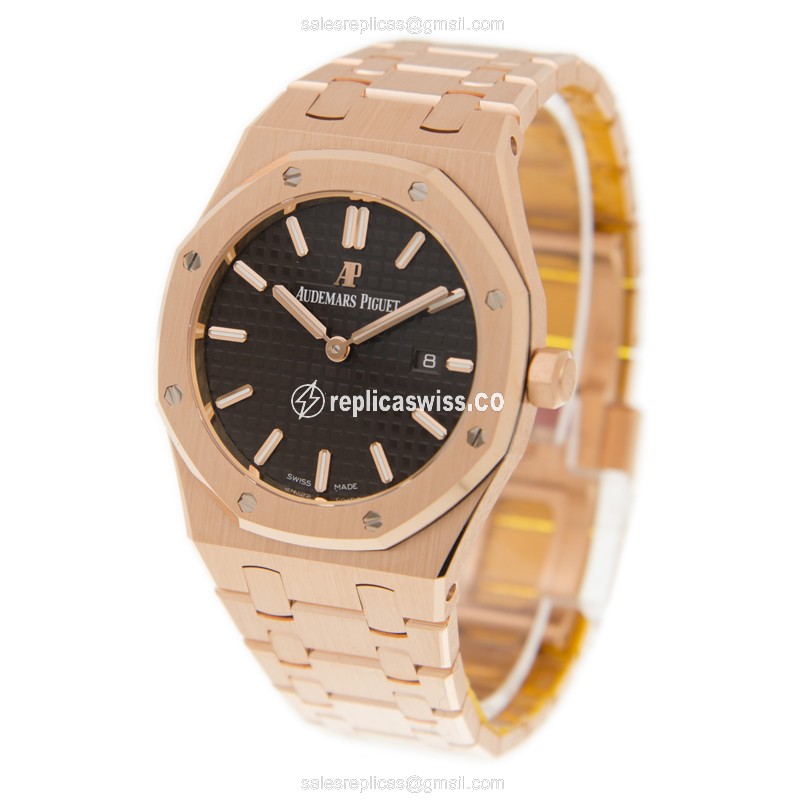 Audemars Piguet Royal Oak Quartz 18kt Rose Gold - Automatic - Dark Grey Dial - Gold Strap - View 3