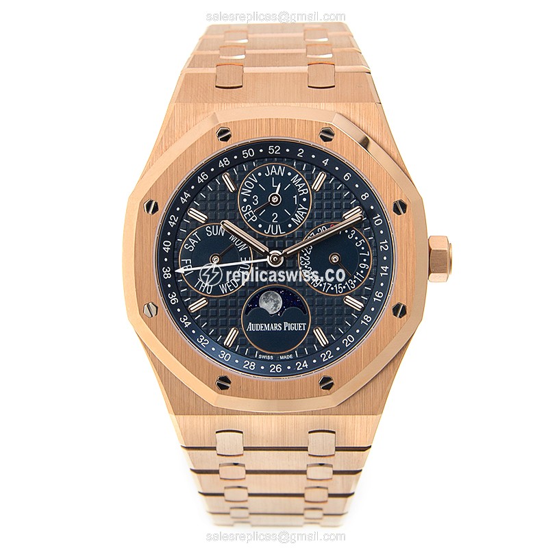 Automatic Replica Audemars Piguet Royal Oak - 18kt Rose Gold - Blue Dial - Gold Strap - View 2