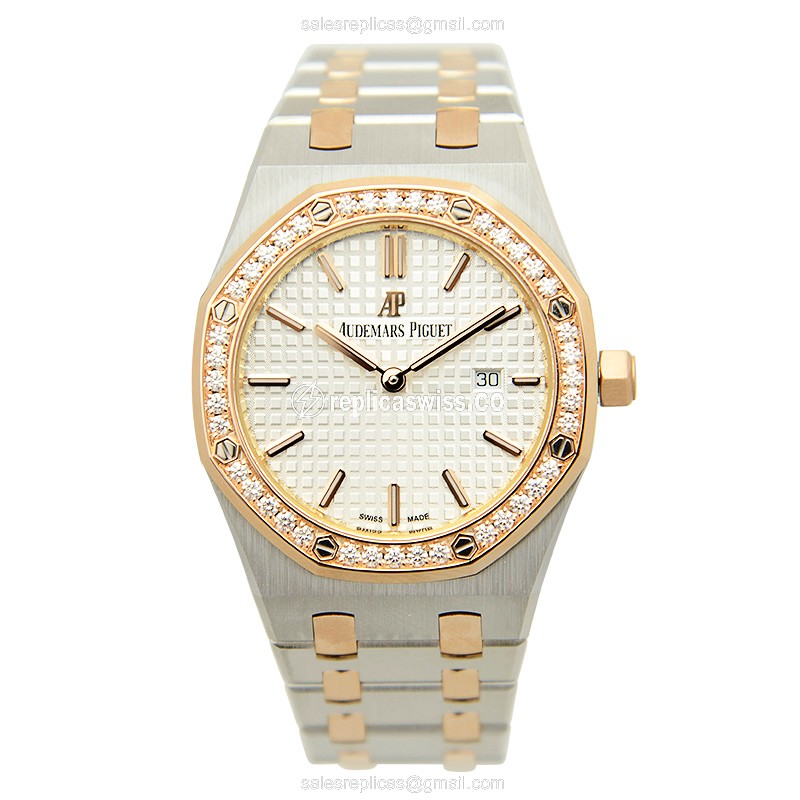 Audemars Piguet Royal Oak Offshore Quartz 18kt Rose Magic Diamond - White Dial Gold Clasp Steel Strap - View 2