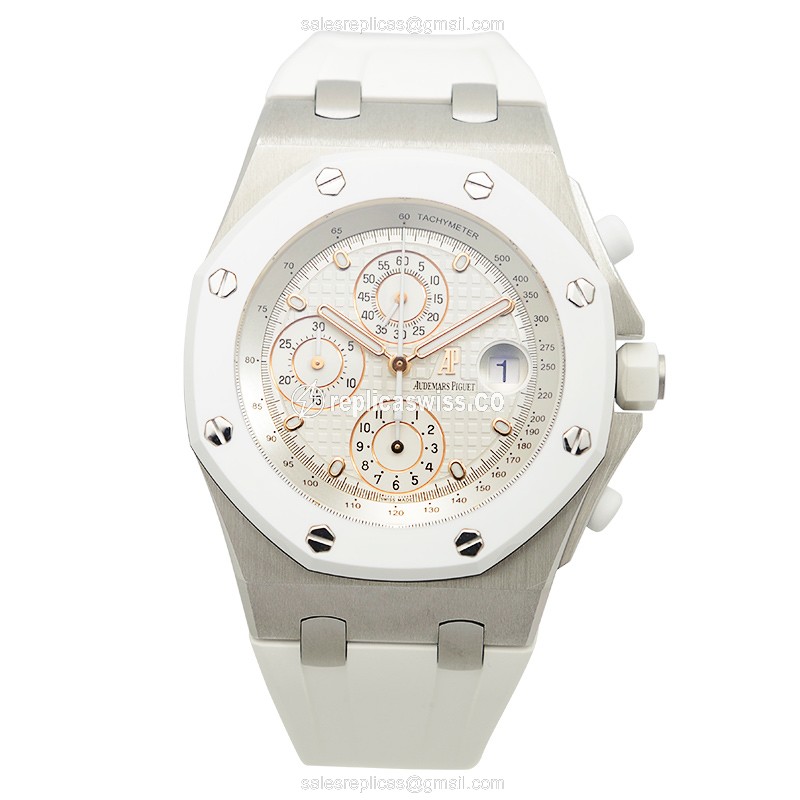 Audemars Piguet Royal Oak Offshore Replica - Automatic - Steel Case - Silver Dial - White Rubber Strap - View 2