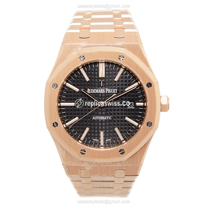 Royal Oak Replica - Audemars Piguet - Automatic - 18kt Rose Gold - Black Dial - Gold Strap - View 2