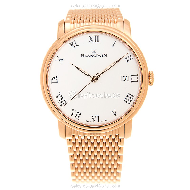 Blancpain Villeret Replica - Automatic - 18kt Rose Gold - White Dial - Gold Strap - View 2