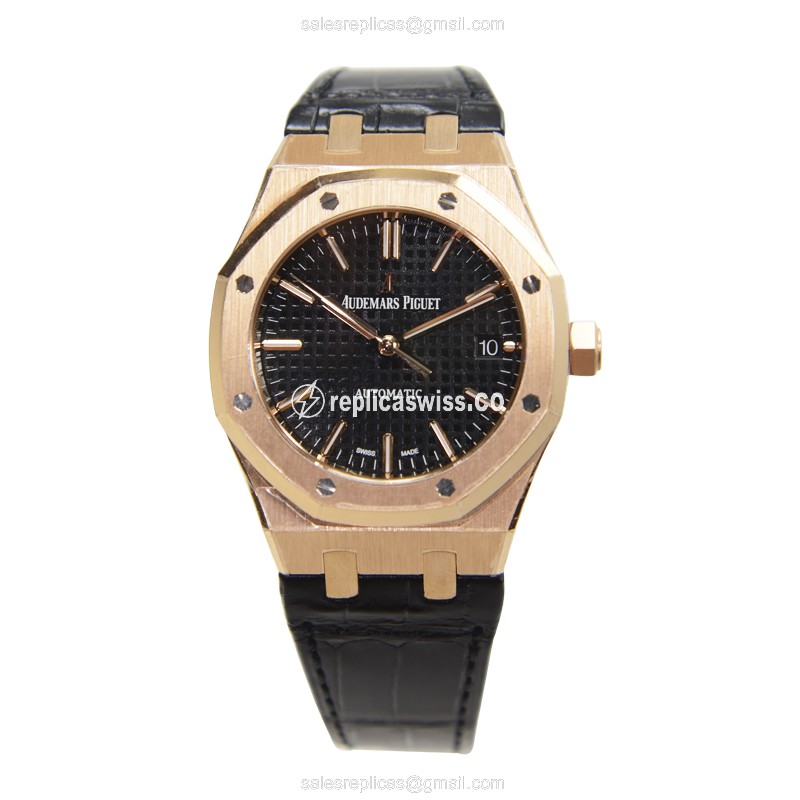 Rolex ROYAL OAK Replica - 18kt Rose Gold - Automatic - Black Dial - Alligator Black - View 2