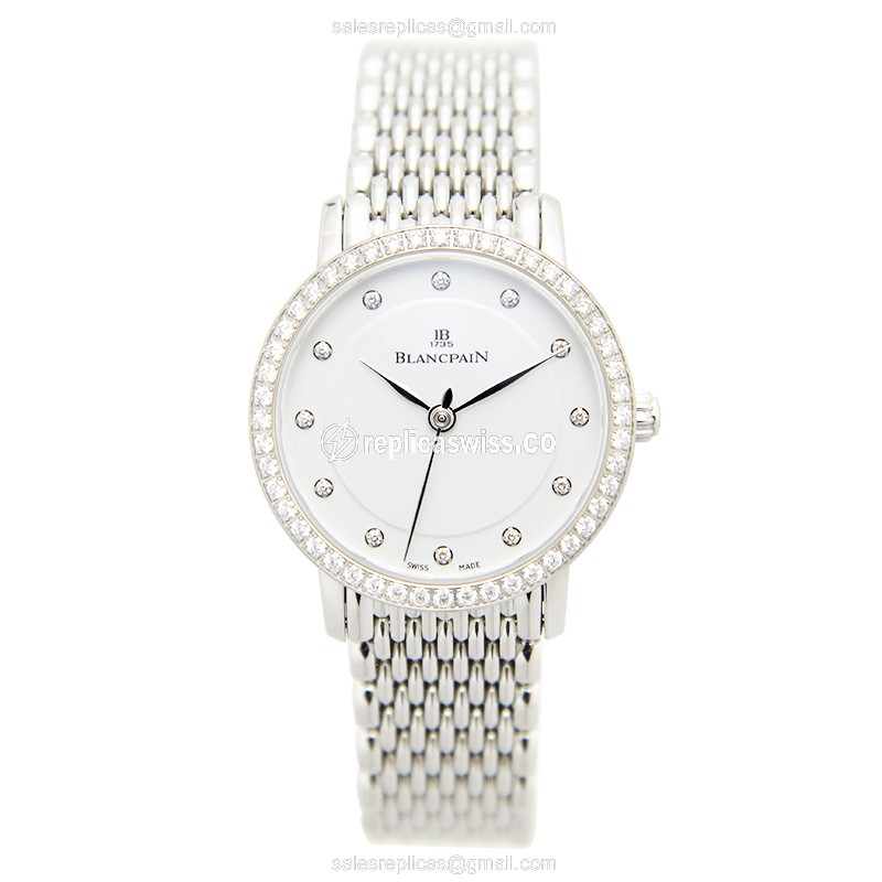 Blancpain 6102-4628A-MMB Replica - Automatic - Diamond Case - White Dial - Silver Steel Strap - View 2