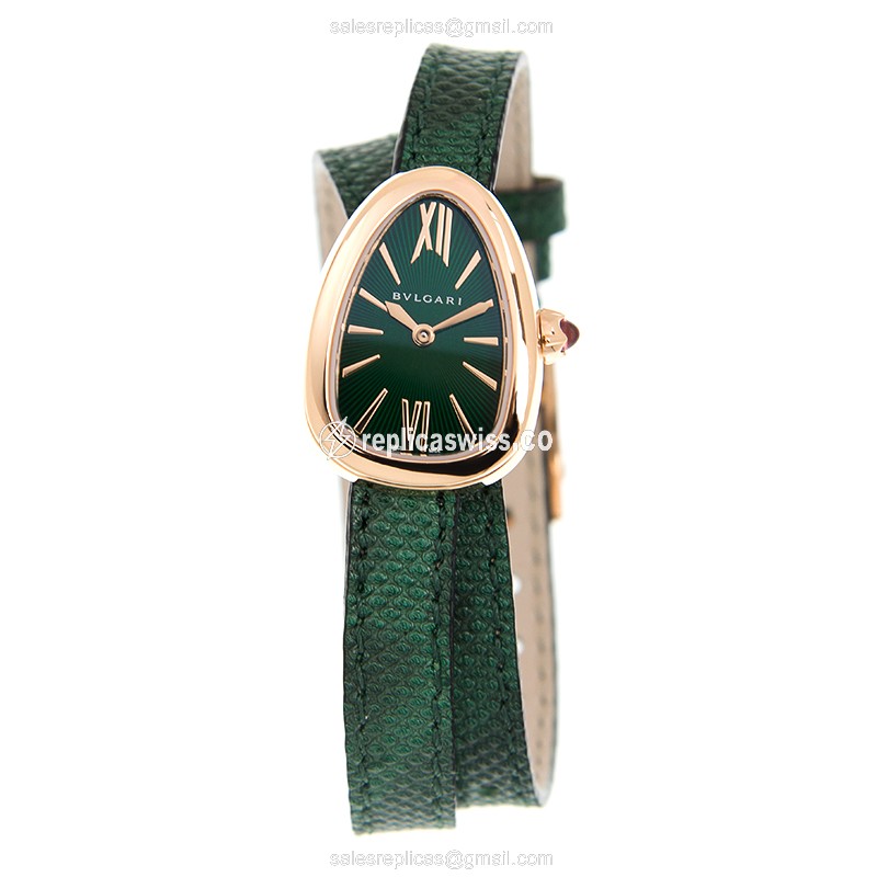 Bulgari Serpenti Quartz Replica - 18kt Rose Gold - Green Dial - Buckle Clasp - Green Skin Strap - View 2