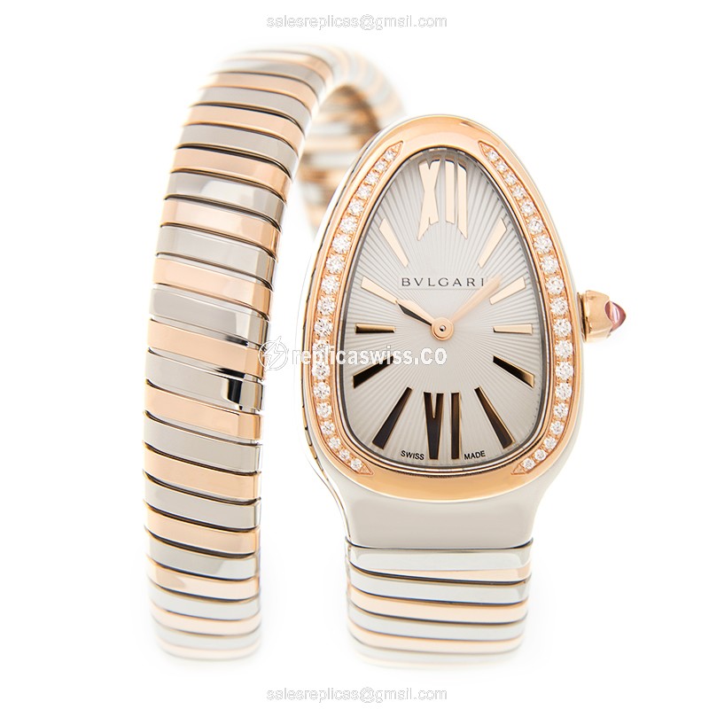 Bulgari Serpenti Quartz 18kt Rose Gold & Steel - Automatic - Silver Dial - Gold Strap - View 2