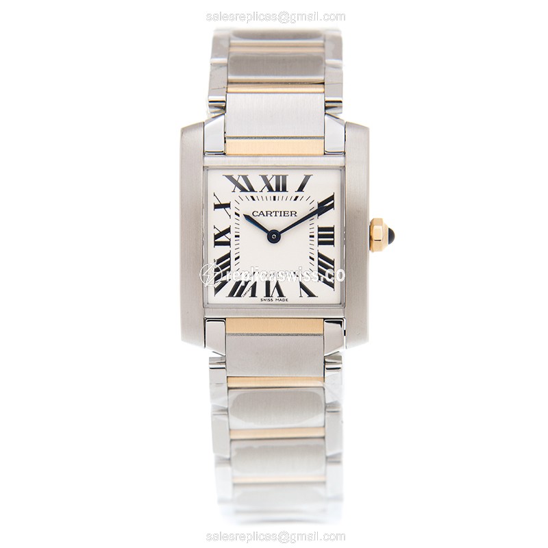 Cartier W2TA0003 TANK Quartz - 18kt Gold Case & Steel Band - White Dial - View 2