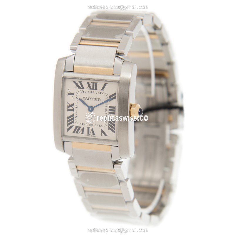 Cartier W2TA0003 TANK Quartz - 18kt Gold Case & Steel Band - White Dial - View 3