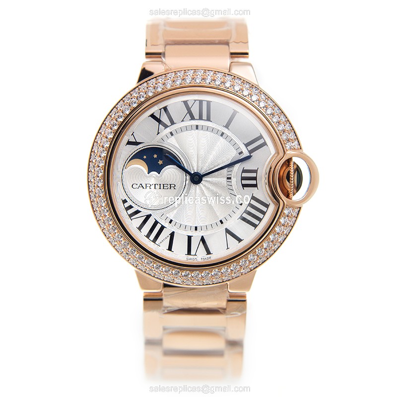Cartier Ballon Bleu Replica - Automatic - 18kt Rose Gold Case - Diamond - Silver Dial - Gold Strap - View 2