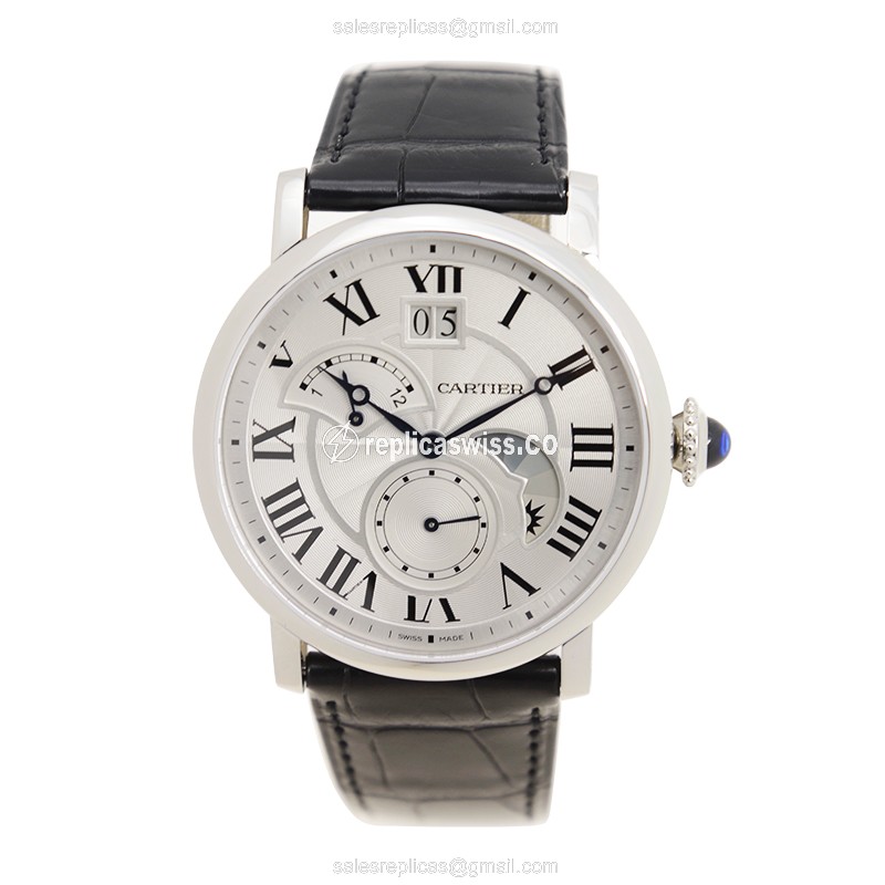 Cartier Rotonde De Cartier Replica - Automatic - Steel Case - Silver Dial - Black Alligator Strap - View 2