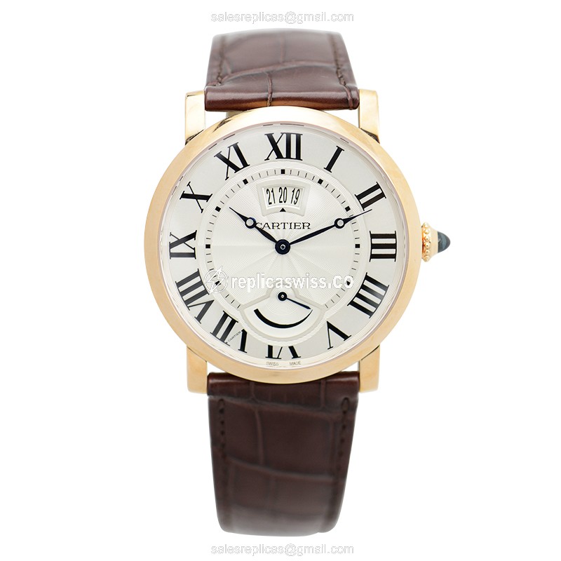 Cartier Rotonde Manual Wind - 18kt Rose Gold - White Dial, Brown Alligator Strap - View 2