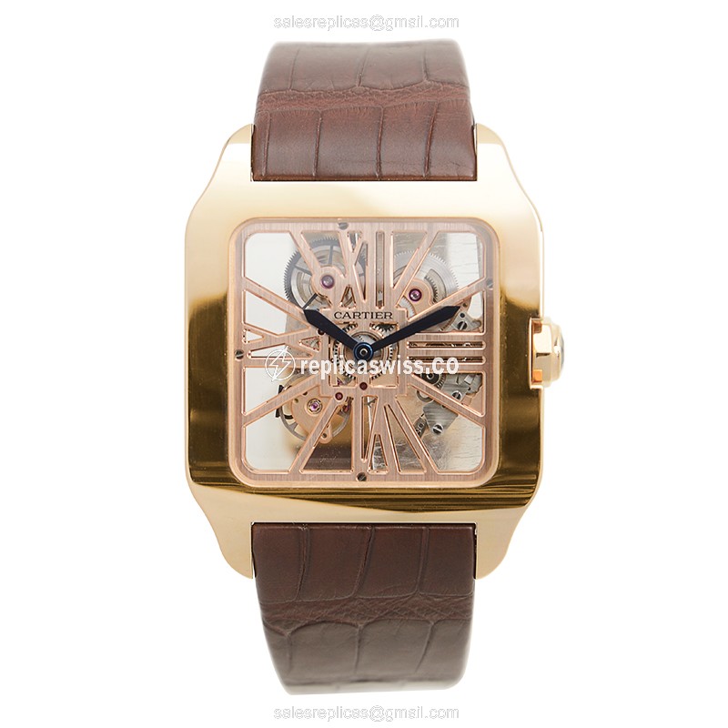 Cartier Santos Replica - Manual Wind - 18kt Rose Gold - Skull Dial - Brown Alligator Strap - View 2