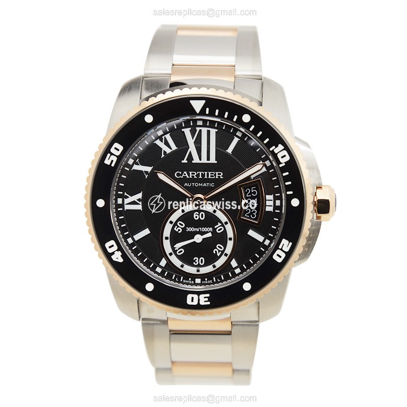Cartier W7100054 Replica - Automatic - Rose Gold & Steel Case - Black Dial - Silver Strap - View 2