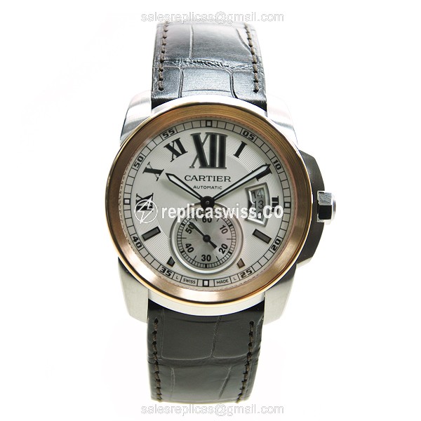 Cartier W7100039 Replica - Calibre De Cartier Auto - 18kt Rose Gold/Steel Case - White Dial - Brown Alligator Strap - View 2