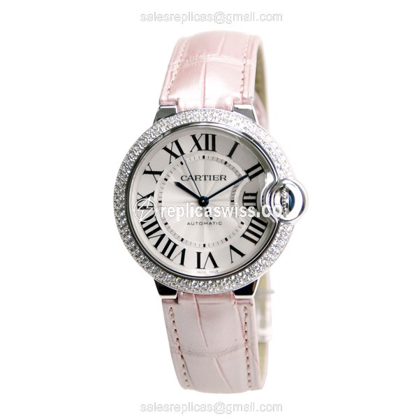 Cartier Ballon Bleu Replica - Automatic 18kt White Gold - Diamond Dial - Pink Alligator Strap - View 2