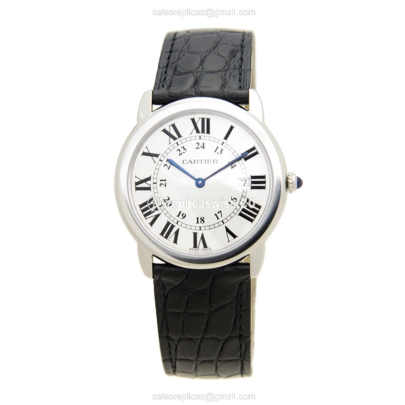 Cartier W6700255 RONDE Solo - Quartz - Stainless Steel Case - White Dial - Black Alligator Strap - View 2