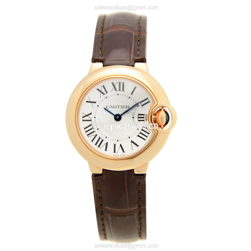 Cartier Ballon Bleu Replica - Quartz - 18kt Rose Gold - White Dial, Brown Alligator Strap - View 2