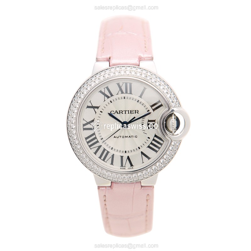 Cartier Ballon Bleu Replica - Automatic - 18kt White Gold - Diamond - White Dial - Pink Alligator Strap - View 2