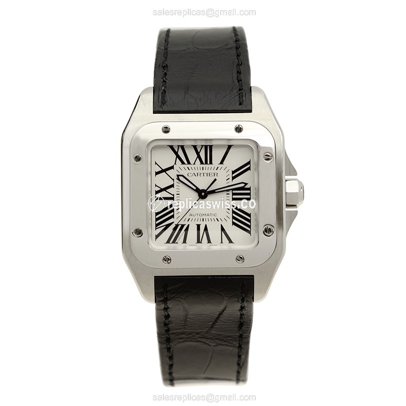 Cartier Santos Replica - Automatic - Steel Case - White Dial - Black Alligator Strap - View 2