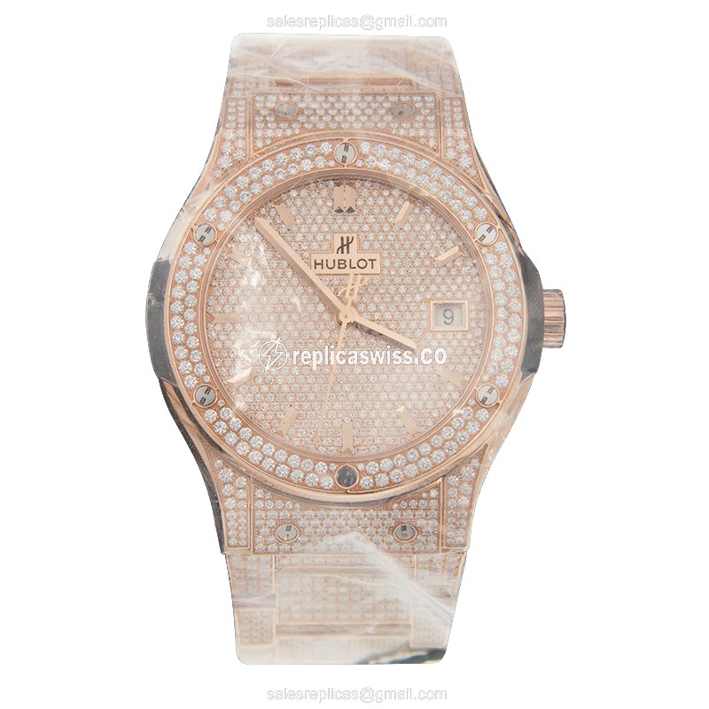 Hublot Classic Fusion Replica - Automatic - 18kt Rose Gold Case - Diamond Dial - Silver - Gold Diamond Strap - View 2