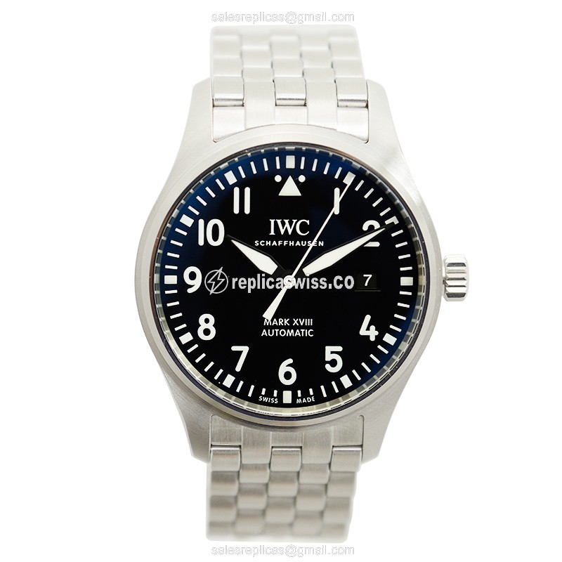 Automatic Replica Watch IWC PILOTS - Black Dial - Silver Steel Case & Strap - View 2