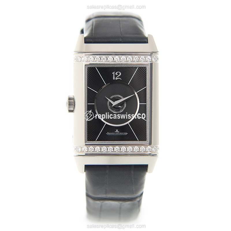 Jaeger-Lecoultre Q2578420 REVERSO Replica - Automatic - Diamond-Trimmed Case - Black Dial - Alligator Strap - View 2