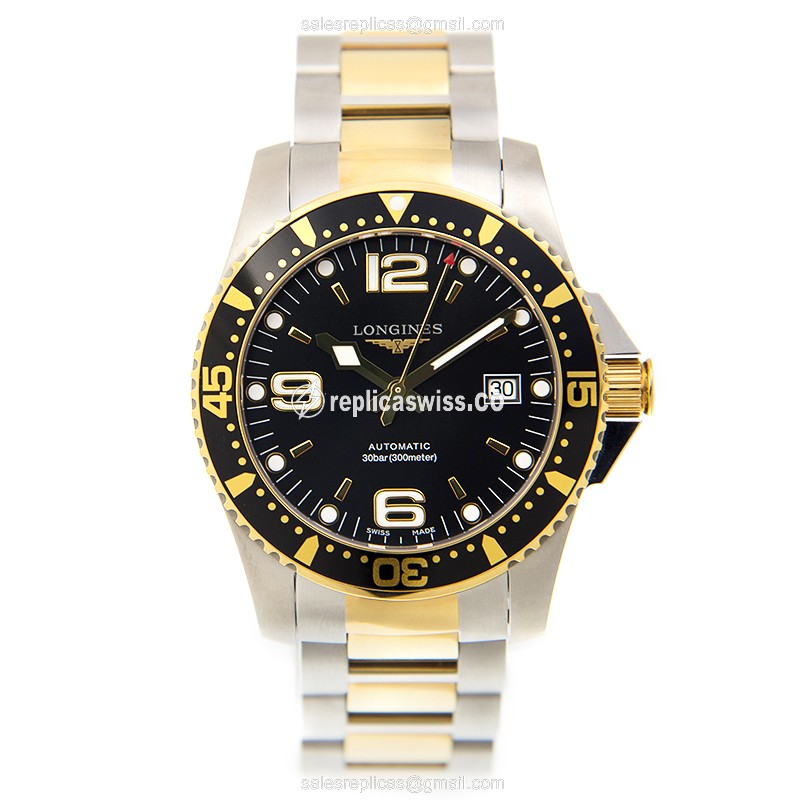 Longines CONQUEST Quartz Replica - Steel Case, Black Dial, Gold Clasp & Strap - View 2