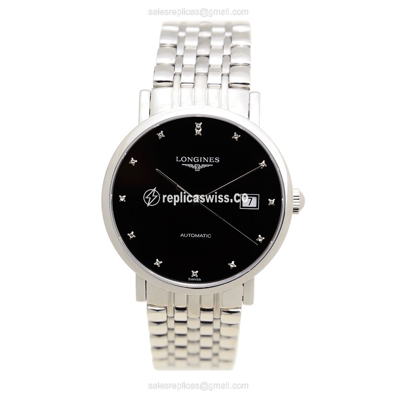 Longines ELEGANT Replica - Automatic - Steel Case - Black Dial - Silver Strap - View 2