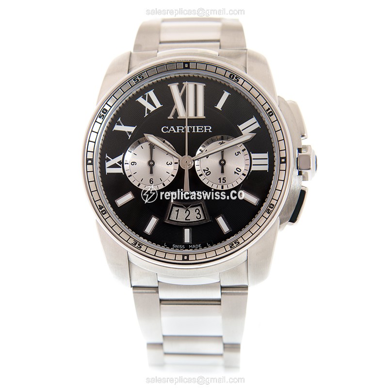 Cartier W7100061 Replica - Calibre De Cartier Auto - Black Dial - Steel Case - Silver Strap - View 2