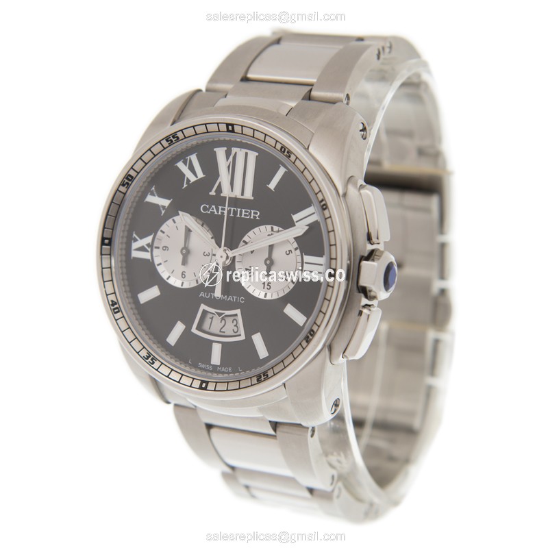 Cartier W7100061 Replica - Calibre De Cartier Auto - Black Dial - Steel Case - Silver Strap - View 3