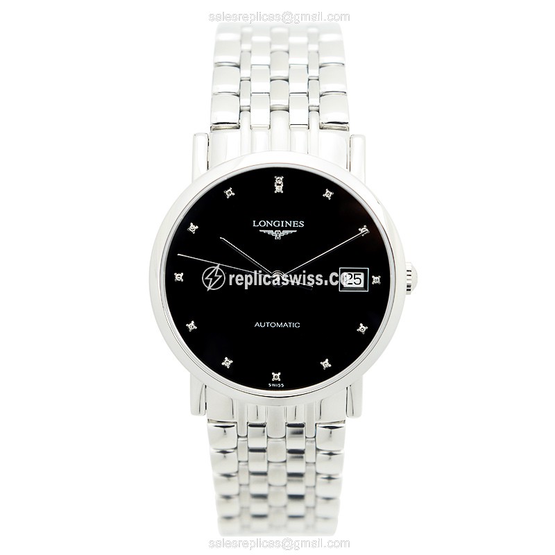 Longines L4.809.4.57.6 Replica - Automatic - Steel Case - Black Dial on Silver Strap - View 2