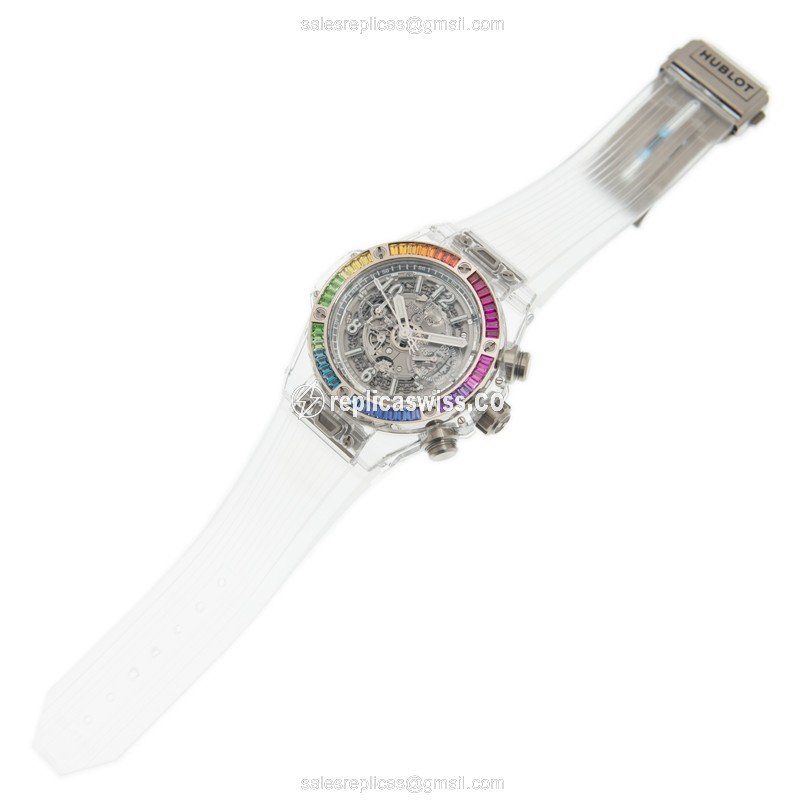 Hublot BIG BANG Replica - Automatic - 18kt White Gold - Diamond - Silver Dial - White Rubber Strap - View 2