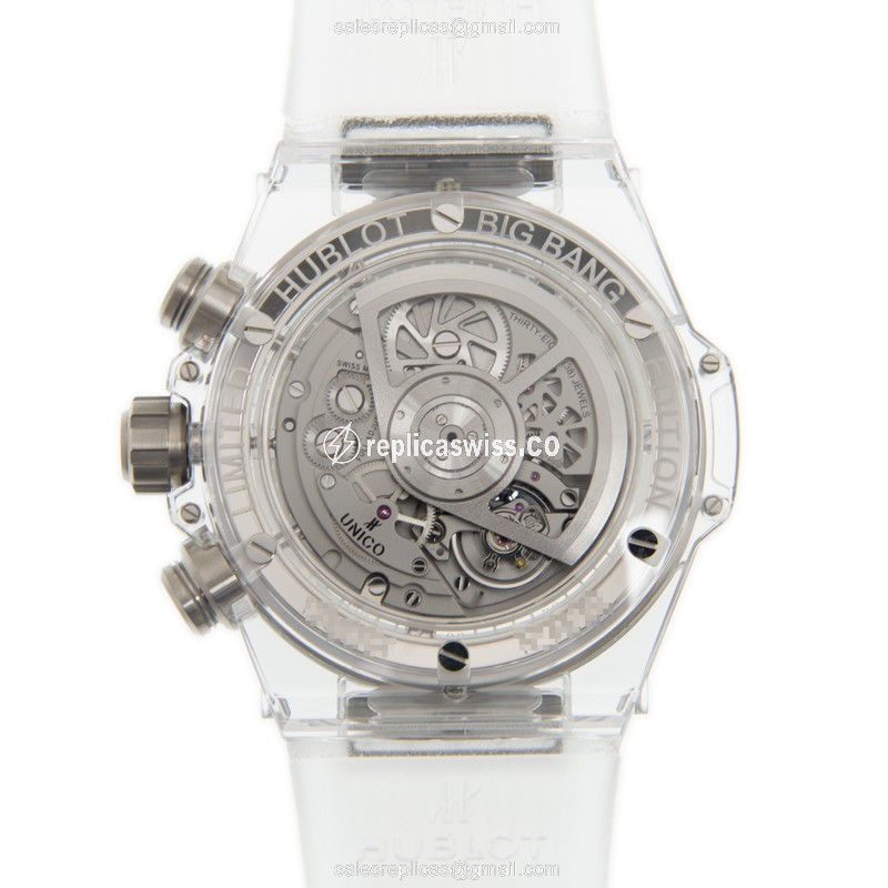 Hublot BIG BANG Replica - Automatic - 18kt White Gold - Diamond - Silver Dial - White Rubber Strap - View 3