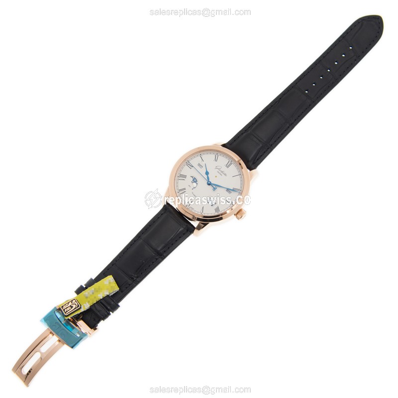 Glashutte Senator Automatic 18kt Rose Gold - Silver Dial - Alligator Black Clasp - View 2