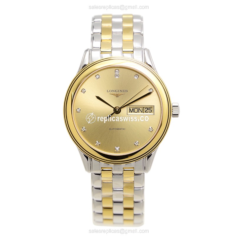 Longines Flagship Replica - Automatic 18kt Gold/Steel - Gold Dial, Silver Strap - View 2