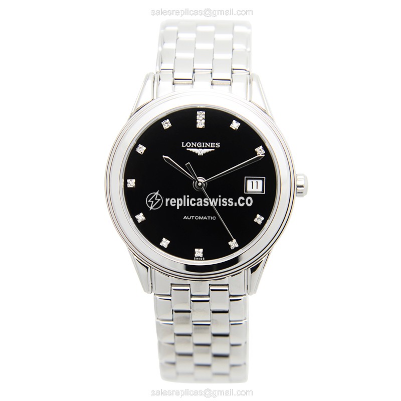 Longines L4.774.4.57.6 Replica - Automatic - Stainless Steel Case - Black Dial, Silver Clasp & Strap - View 2