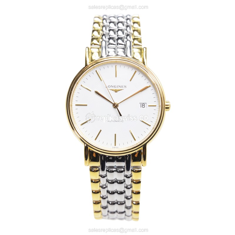 Longines Presence Replica - Automatic PVD Gold - White Dial on Silver Steel Strap - View 2
