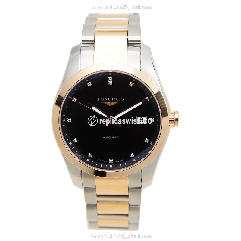 Longines Conquest Replica - Automatic - 18kt Rose Gold Case - Black Dial, Gold Strap - View 2