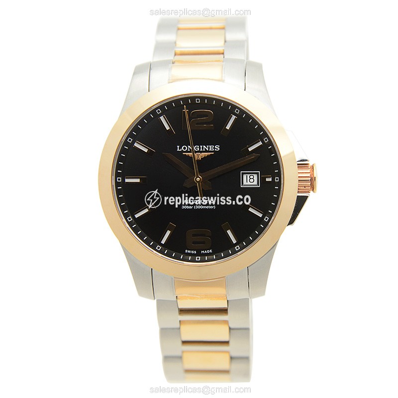 Longines CONQUEST Replica - Automatic - 18kt Rose & Steel - Black Dial - Silver Strap - View 2