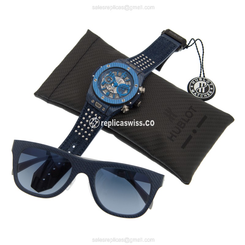 Hublot BIG BANG Replica - Automatic - Carbon Fiber - Blue Dial - Sapphire Crystal - Blue Strap - View 2