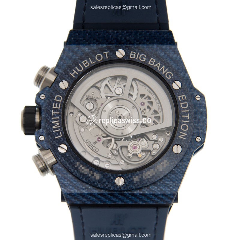 Hublot BIG BANG Replica - Automatic - Carbon Fiber - Blue Dial - Sapphire Crystal - Blue Strap - View 4