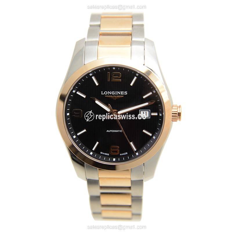 Longines Conquest Replica - Automatic - 18kt Rose Gold & Steel Case - Black Dial, Silver Clasp & Strap - View 2