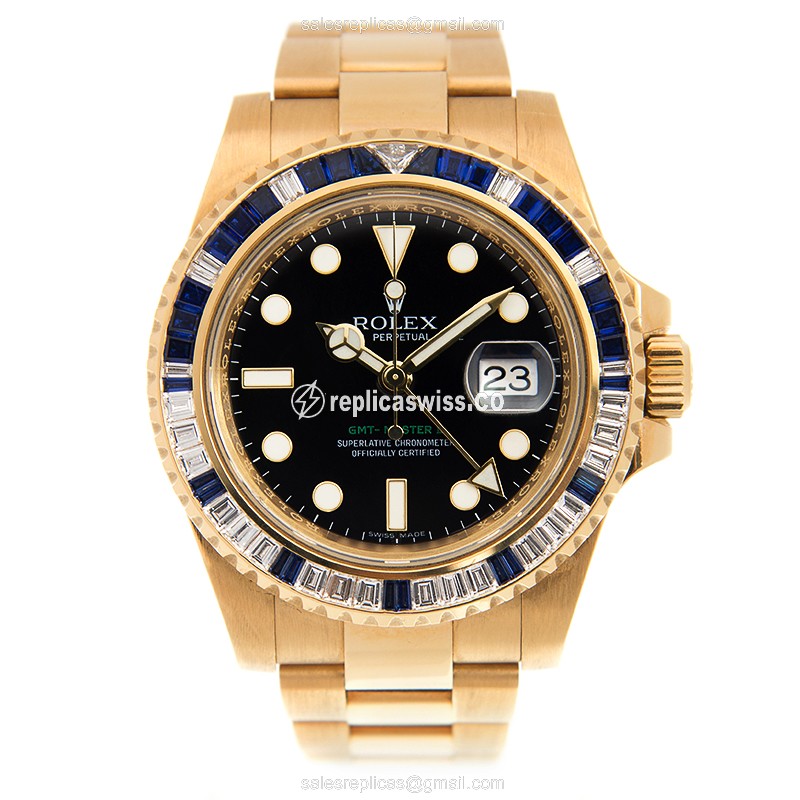 Rolex Daytona Replica - Automatic - 18kt Gold Case - Black Dial - Gold Alligator Strap - View 2