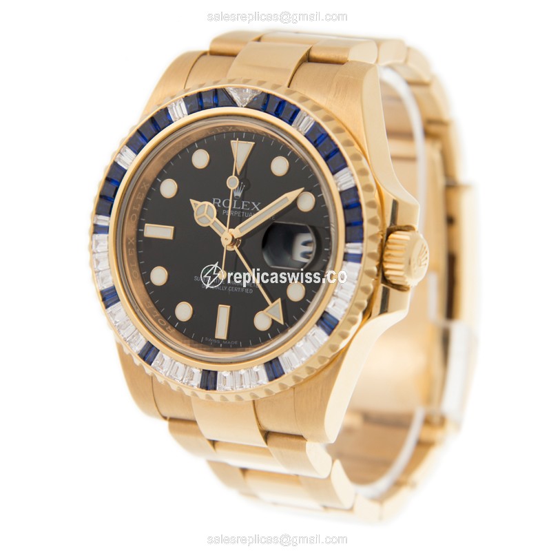 Rolex Daytona Replica - Automatic - 18kt Gold Case - Black Dial - Gold Alligator Strap - View 3