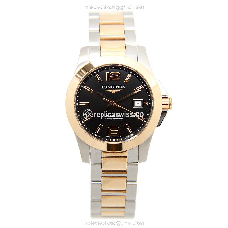Longines CONQUEST Replica - Automatic - 18kt Rose Gold & Steel - Black Dial, Gold Clasp, Steel Strap - View 2